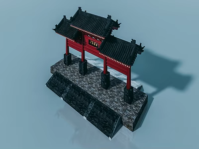 Chinese Traditional Red Flat Door Featuring Black Roof and Stone Base Pillars 3d model