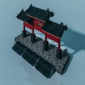 Chinese Traditional Red Flat Door Featuring Black Roof and Stone Base Pillars