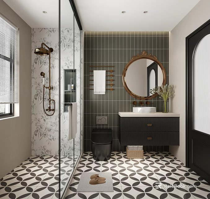 Elegant Modern Bathroom With Glass Shower Round Mirror Dark Vanity And Geometric Floor Tiles 3d model 