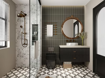 Elegant Modern Bathroom With Glass Shower Round Mirror Dark Vanity And Geometric Floor Tiles 3d model