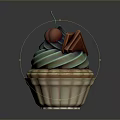 Delicious Cupcake With Green Frosting Cherry And Chocolate Decoration In Brown Ruffled Liner