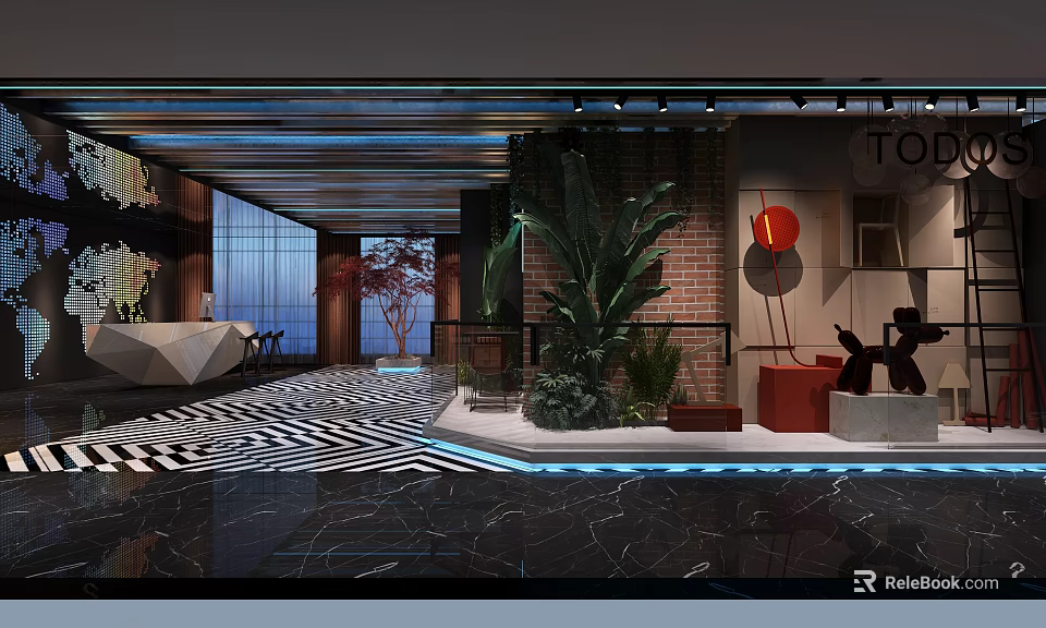 Modern Bar Interior Design With Green Plants Brick Wall And Ambient Lighting 3d model 