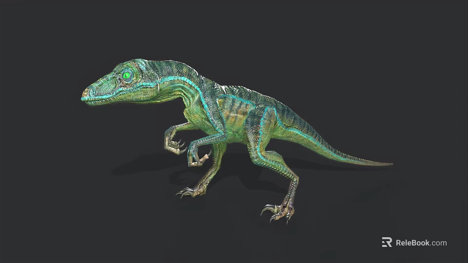 3D Velociraptor Dinosaur Model With Green Blue Striped Skin On Black Background 3d model 