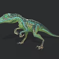 3D Velociraptor Dinosaur Model With Green Blue Striped Skin On Black Background