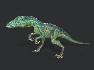 3D Velociraptor Dinosaur Model With Green Blue Striped Skin On Black Background 3d model