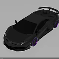 Modern Black Sports Car with Sleek Body Purple Wheels and Rear Spoiler Design