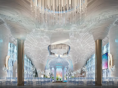 Luxurious Banquet Hall Interior Design With Crystal Chandeliers Decorative Columns And Floral Table Arrangements 3d model