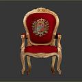 Ornate Single Chair With Golden Carved Frame Red Velvet Upholstery And Crest Design