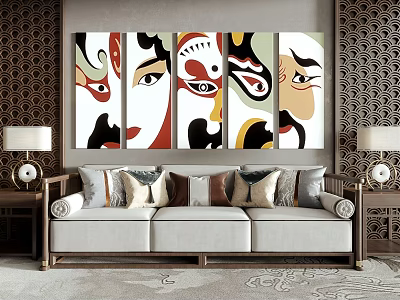 Elegant Living Room Decor With Sofa Five Facial Mask Paintings Table Lamps And Decorative Walls 3d model