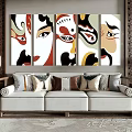 Elegant Living Room Decor With Sofa Five Facial Mask Paintings Table Lamps And Decorative Walls