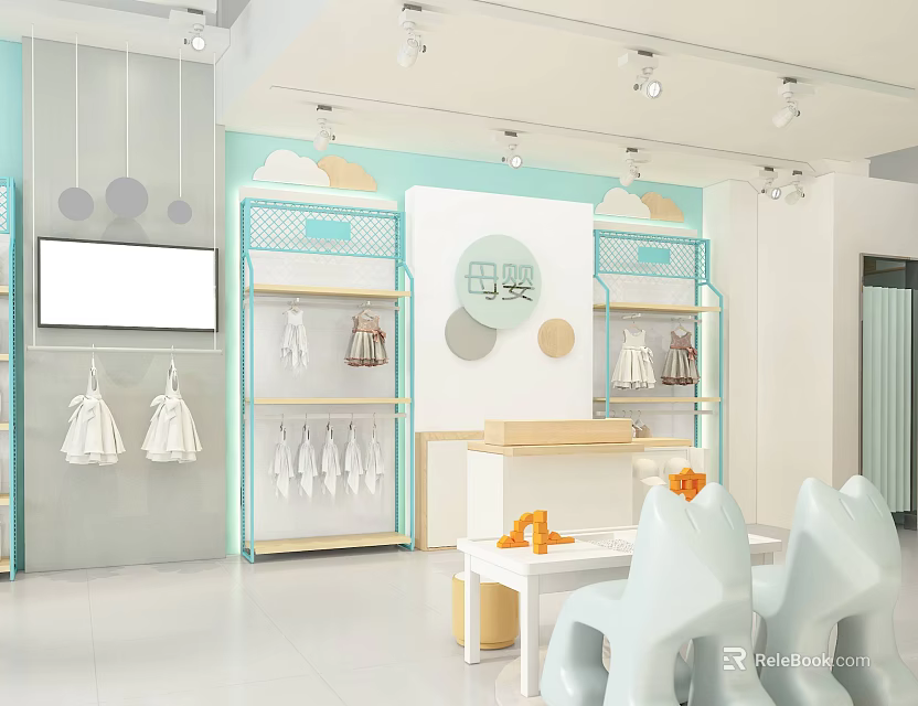 Light Luxury Children's Clothing Specialty Store With Modern Shelves And Decorative Elements 3d model 