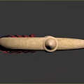 Shiny Golden Weapon with Red Long Handle and Ornate Circular Decorative Head