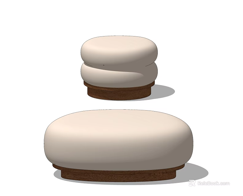 Two White Upholstered Ottoman Stools with Soft Cushion and Wooden Base 3d model