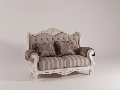 Classic Upholstered Two Seater Sofa With Carved Backrest And Patterned Decorative Pillows 3d model