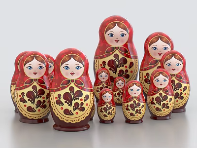 Traditional Russian Nesting Dolls with Red Gold Paint and Floral Patterns in Various Sizes 3d model