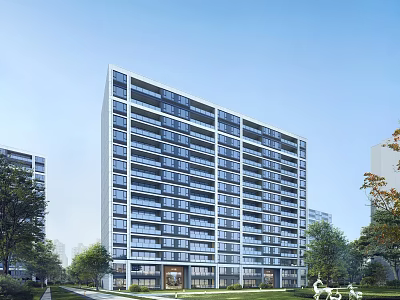 Modern High Rise Residential Building With Glass Facade And Landscaped Green Surroundings 3d model
