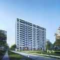 Modern High Rise Residential Building With Glass Facade And Landscaped Green Surroundings