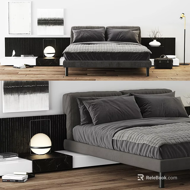 Stylish Gray Bedroom Interior Featuring Comfortable Bed Pillows And Nightstand Lamp 3d model