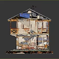 Two Story Stone Building With Wooden Balcony Gray Roof Solar Panel Weather Vane And Green Lawn