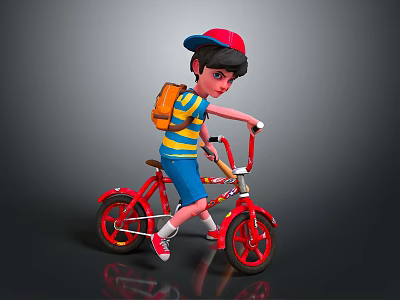 Boy With Red Cap Blue Yellow Striped Shirt Blue Shorts Orange Backpack Riding Red Bicycle 3d model