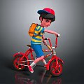 Boy With Red Cap Blue Yellow Striped Shirt Blue Shorts Orange Backpack Riding Red Bicycle