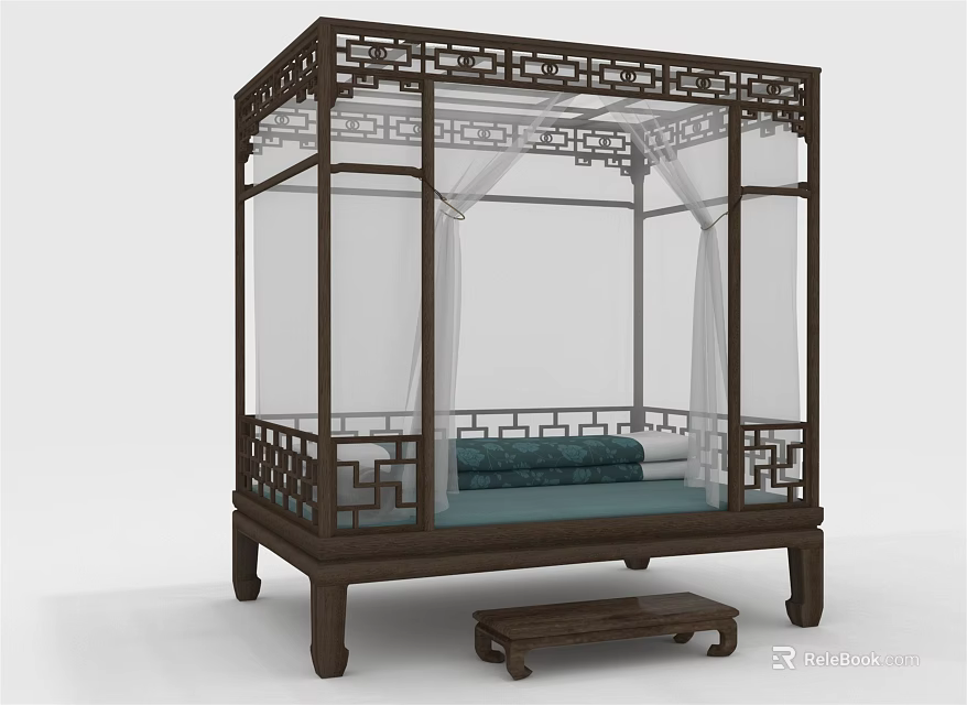 Chinese Style Double Bed With Carved Wooden Frame And Canopy Curtains 3d model 
