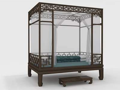 Chinese Style Double Bed With Carved Wooden Frame And Canopy Curtains 3d model