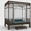 Chinese Style Double Bed With Carved Wooden Frame And Canopy Curtains