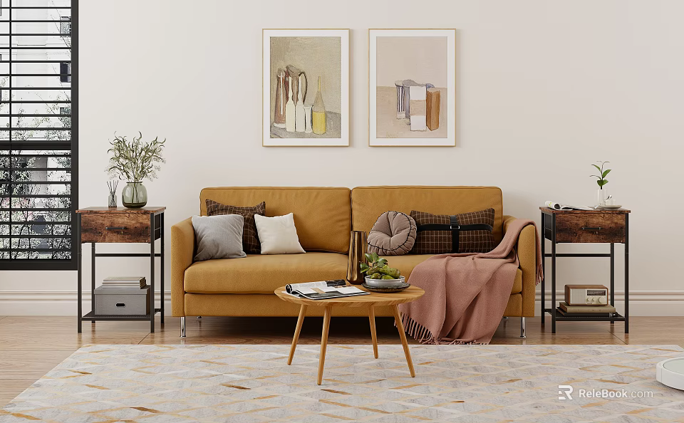 Cozy Modern Sofa Coffee Table Set With Throw Pillows Blanket And Framed Wall Art 3d model