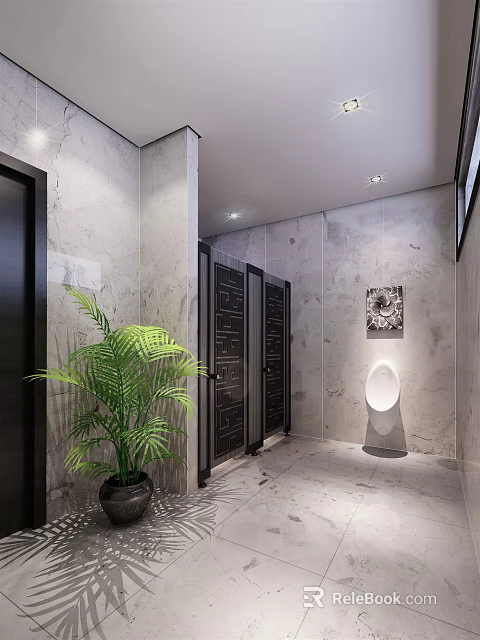 Modern Public Restroom Interior With Marble Walls Black Stall Doors Urinal Green Plant Decorative Painting 3d model 