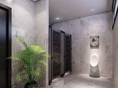 Modern Public Restroom Interior With Marble Walls Black Stall Doors Urinal Green Plant Decorative Painting 3d model