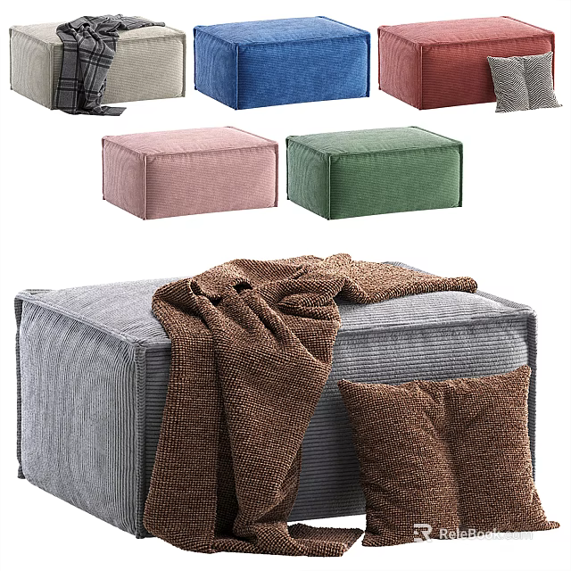 Stylish Multicolor Ottoman With Soft Blanket And Cozy Pillow For Living Room 3d model 