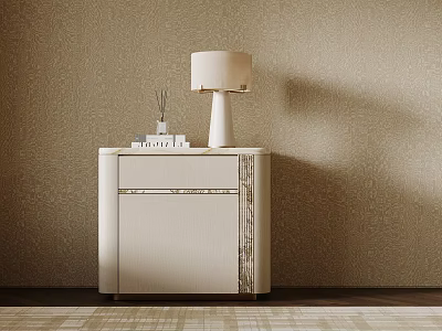 Modern Light Luxury Beige Nightstand With Marble Top And Stylish Table Lamp For Cozy Bedroom 3d model