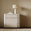 Modern Light Luxury Beige Nightstand With Marble Top And Stylish Table Lamp For Cozy Bedroom
