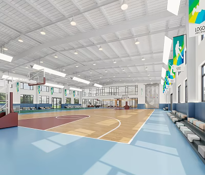 Spacious Indoor Basketball Gym Interior With Court Lighting And Seating 3d model