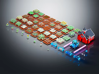 Cartoon Lego Farm Scene Featuring Colorful Crop Plots Red Barn Tractor And Small Figures 3d model