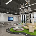 Indoor Children's Play Space With Green Grassy Floor Colorful Cushions And Wooden Structures
