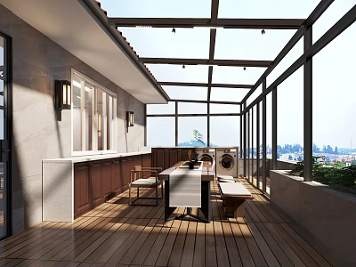 Elegant Villa Balcony Open Design With Glass Roof Wooden Flooring Outdoor Furniture And City View 3d model