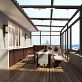 Elegant Villa Balcony Open Design With Glass Roof Wooden Flooring Outdoor Furniture And City View