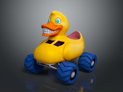 Yellow Rubber Duck Shaped Toy Car With Blue Large Wheels And Playful Design 3d model
