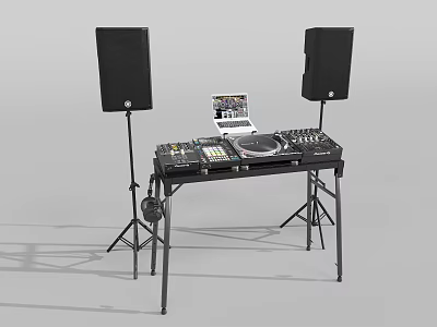 Black Professional DJ Audio Speakers Setup With Mixer Turntable And Stands 3d model