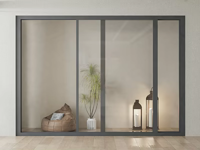 Black Frame Glass Sliding Door Interior With Bean Bag Chair Plant And Lanterns 3d model