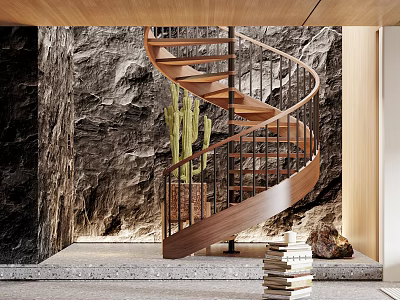 Wooden Spiral Staircase With Metal Railings Rock Wall Cactus Plant And Stack of Books Nearby 3d model