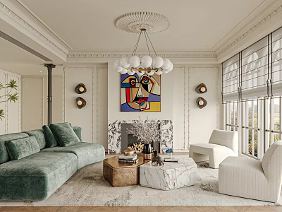 Elegant Modern Living Room Interior Design With Green Sofa Fireplace Abstract Painting And Chandelier 3d model