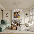 Elegant Modern Living Room Interior Design With Green Sofa Fireplace Abstract Painting And Chandelier