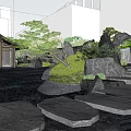Rockery Stones in Traditional Garden Landscape with Pond Pavilion Trees and Sky Reflection