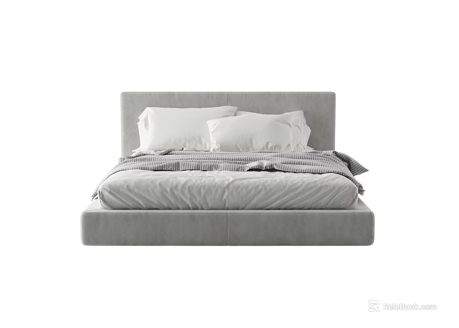 Modern Double Bed with Gray Headboard White Pillows and Soft Cozy Bedding 3d model