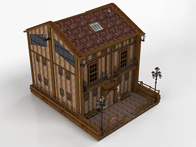 Two Story Wooden House With Tile Roof Porch Steps And Decorative Lanterns 3d model