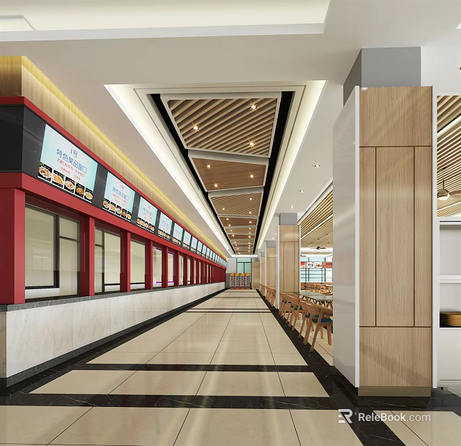 Cafeteria Dining Hall Interior With Red Counters Digital Screens And Wooden Ceiling 3d model