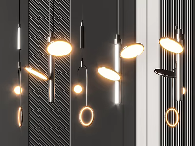 Stylish Modern Interior With Hanging Pendant Lights Featuring Geometric Metal Rings And Warm Glow 3d model